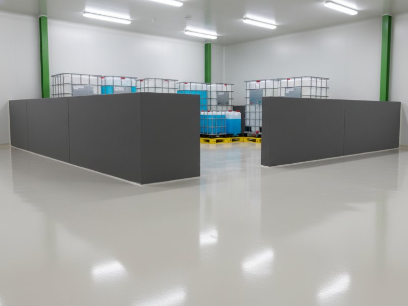 High-gloss seamless epoxy containment and bund flooring by KAIDA PAINT in an industrial facility, featuring chemical-resistant secondary containment areas for liquid storage tanks.
