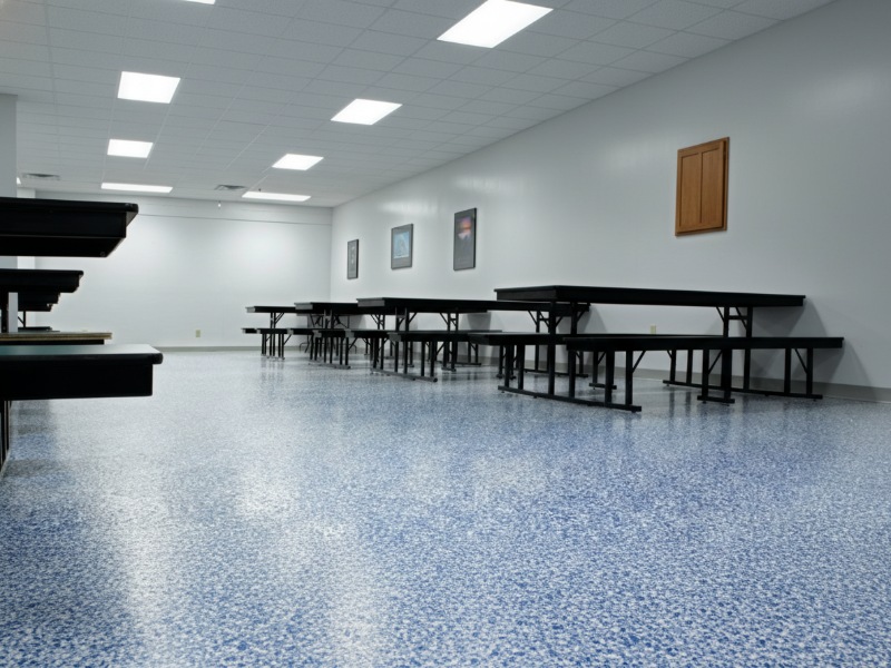 A large cafeteria space featuring a seamless, durable blue and white speckled epoxy floor coating by KAIDA PAINT, designed to withstand heavy foot traffic and chemical spills.
