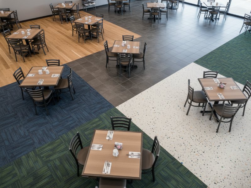 A large commercial dining room featuring KAIDA PAINT's high-performance, multi-colored patterned flooring designed for high-traffic restaurants and cafeterias.