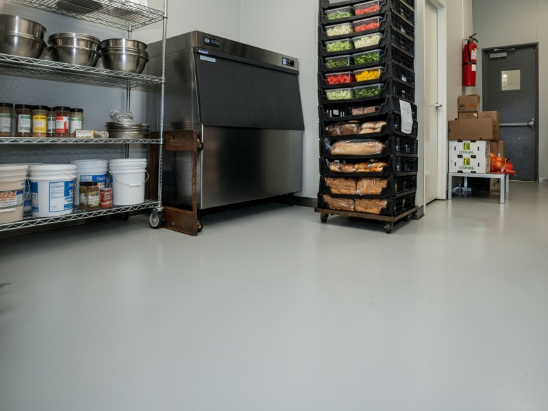 A clean commercial food storage area featuring KAIDA PAINT durable non-slip flooring, with stainless steel shelving, food preparation racks, and industrial kitchen equipment.