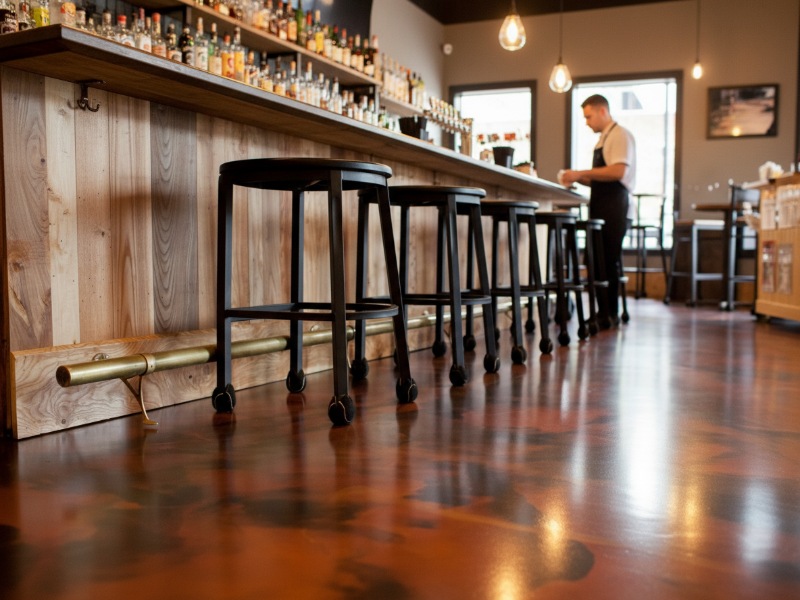 High-performance KAIDA PAINT flooring system in a modern bar with black stools and a wooden counter, showcasing its seamless, glossy, and resilient surface for high-traffic beverage areas.