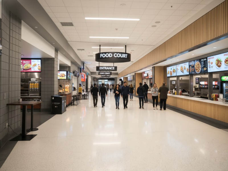 A clean and durable KAIDA PAINT high-performance flooring system installed in a busy commercial food court with pedestrian traffic and food concession stands.