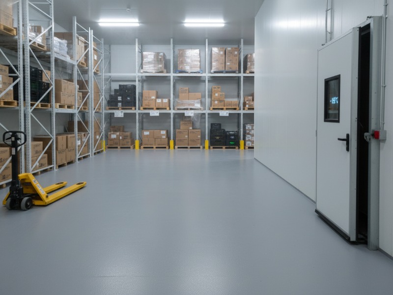 A professional cold storage warehouse featuring KAIDA PAINT's industrial-grade seamless gray epoxy flooring, showing high metal racks and a yellow pallet jack.