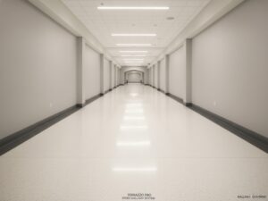 A long commercial hallway featuring a high-gloss, seamless Terrazzo Pro epoxy flooring system that reflects overhead linear lighting for a clean and professional look.
