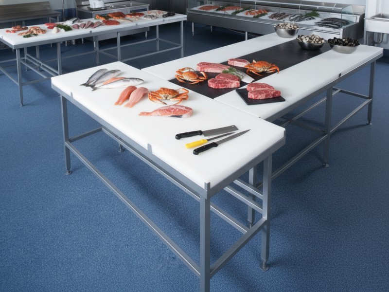 A professional commercial kitchen workspace featuring stainless steel tables with white polyethylene cutting board surfaces, displaying fresh seafood, raw steaks, and crabs for preparation.