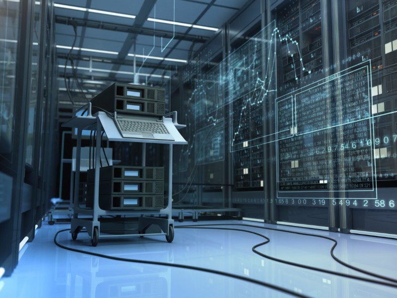 A mobile server cart with rack-mounted hardware in a futuristic data center featuring glowing digital data visualization overlays.