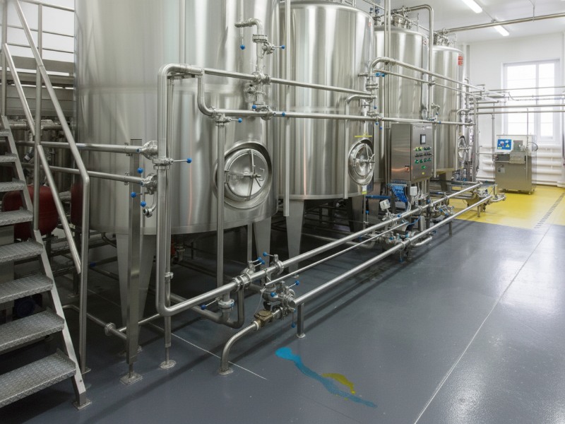 Industrial chemical storage facility featuring stainless steel tanks on a seamless, durable grey chemical-resistant floor coating by KAIDA PAINT, designed to protect against corrosive spills.
