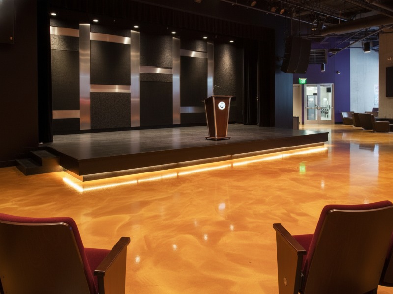 A high-gloss metallic gold resinous flooring solution by KAIDA PAINT installed in a spacious commercial area, showcasing its seamless, durable, and reflective finish.