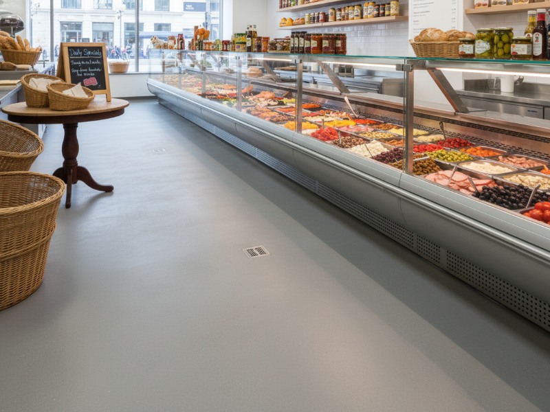 A clean, seamless grey KAIDA PAINT food-grade floor in a supermarket deli area, providing a slip-resistant and hygienic surface in front of a long refrigerated display case filled with fresh prepared foods.