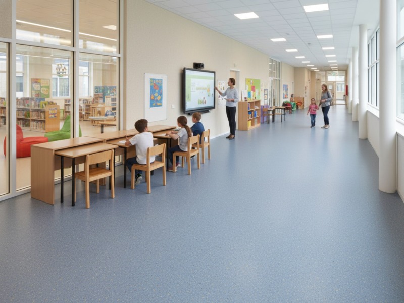 KAIDA PAINT’s seamless blue school and classroom flooring providing a durable, slip-resistant, and hygienic surface in a modern educational hallway with students and teachers.