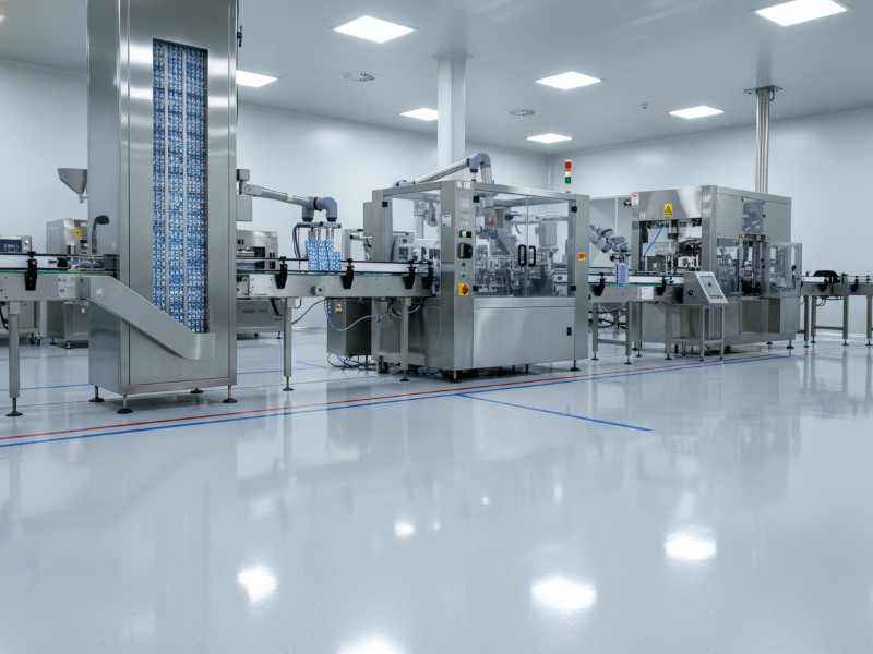 A sterile pharmaceutical manufacturing facility featuring high-gloss seamless epoxy flooring by KAIDA PAINT, designed for cleanroom environments with stainless steel production lines.