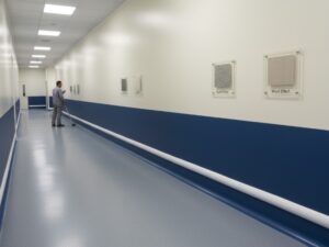 An industrial hallway featuring KAIDA PAINT Wall Coating Systems with a durable, non-porous two-tone epoxy finish in blue and white, designed for easy maintenance and hygiene.