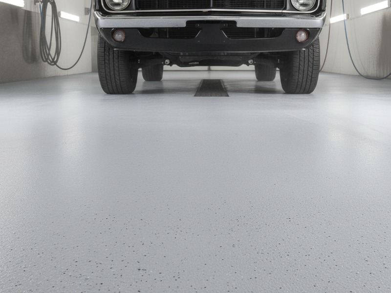 KAIDA PAINT high-strength grey seamless epoxy flooring system in a professional car wash bay, providing slip resistance and chemical protection under a classic vehicle.