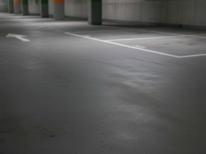 Seamless and slip-resistant grey KAIDA PAINT parking deck flooring installed in a clean commercial garage with white parking bay lines and directional arrows.