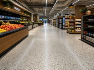 High-traffic wear-resistant polished terrazzo and vinyl flooring for grocery stores and retail shops