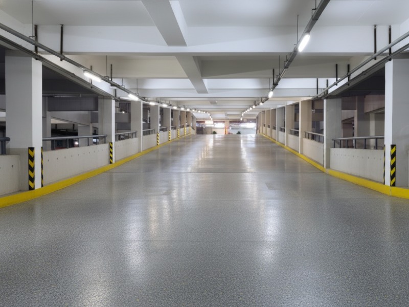 Light grey speckled ramp flooring system installed in a modern, brightly lit, empty parking garage, featuring yellow safety lines and clean architectural details.