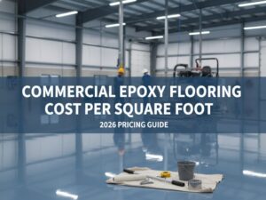 Glossy blue-gray epoxy floor in a modern industrial warehouse, featuring professional flooring tools like a roller and measuring tape, reflecting a clean environment.