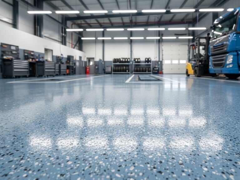 A glossy blue-gray epoxy-polyaspartic flake floor reflects bright industrial lights in a commercial garage. Tool cabinets, tire stacks, and a forklift are visible.