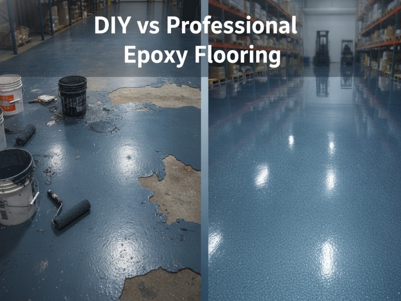 Split-screen comparing a failed, peeling DIY epoxy floor with tools to a clean, glossy professional epoxy floor in an industrial warehouse.