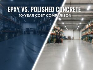 Warehouse floor split diagonally comparing darker epoxy with tire marks to brighter, clean polished concrete, illustrating a 10-year cost comparison.