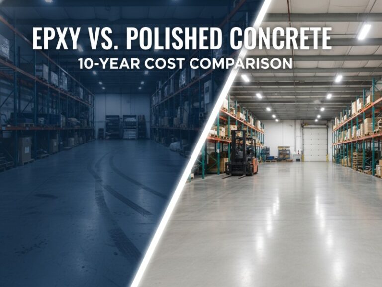 Warehouse floor split diagonally comparing darker epoxy with tire marks to brighter, clean polished concrete, illustrating a 10-year cost comparison.