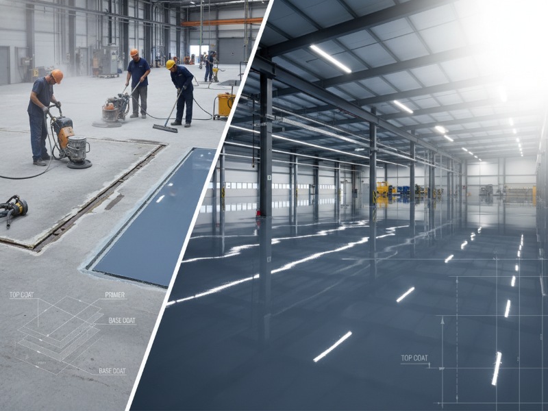 Planta de una fábrica industrial moderna, vista dividida. Por un lado, los trabajadores aplican un recubrimiento epoxi; por el otro, se aprecia una superficie industrial acabada, de alto brillo y de color azul grisáceo reflectante.