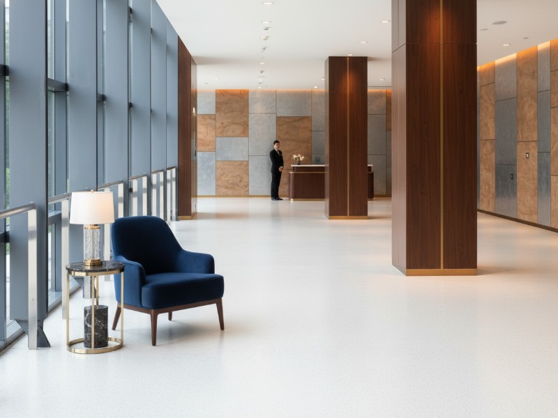 White seamless hospitality flooring in a spacious, modern hotel lobby featuring large windows, dark wood accents, and a blue velvet armchair.