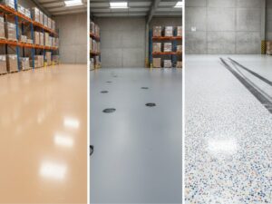 Large industrial warehouse floor showcasing three types of coatings: amber epoxy, gray polyurethane with chemical drips, and polyaspartic with colorful flakes and tire marks.