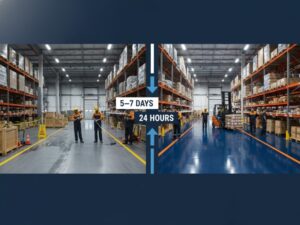 Side-by-side industrial warehouse flooring comparison: grey floor with cleaning (5-7 days downtime) versus shiny blue floor with forklift (24 hours ready).