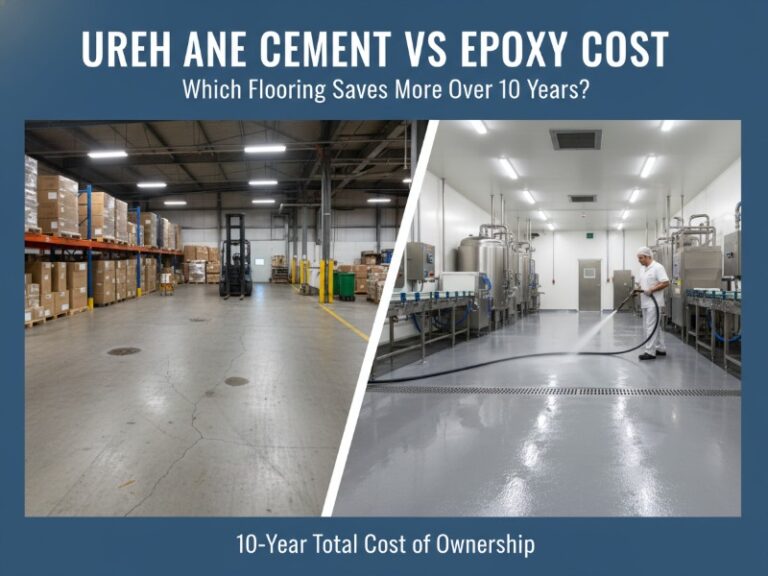 Split-screen industrial flooring comparison. Left: dry warehouse with epoxy floor. Right: wet urethane cement floor in a food processing plant.