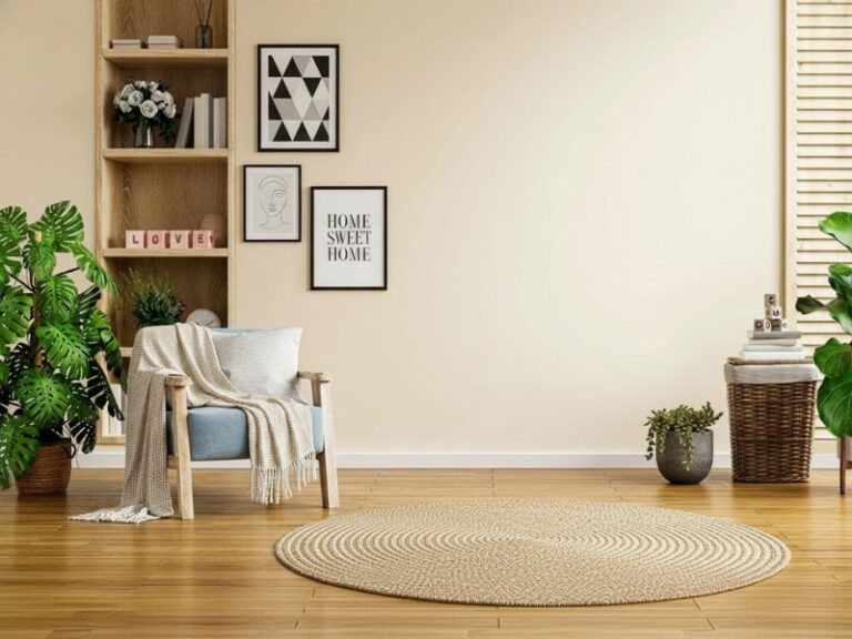 A light beige interior wall coating creates a warm backdrop for a cozy living room with a bookshelf, armchair, and plants.