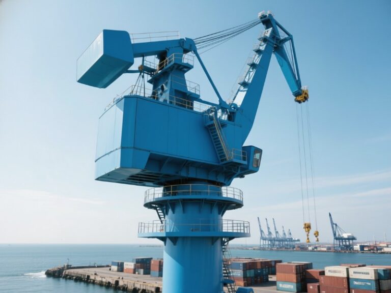 Bright blue polyurethane paint coats a massive industrial crane at a port, with rows of cargo containers and distant cranes under a clear sky.