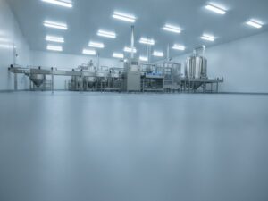 Smooth, matte gray seamless urethane cement flooring fills a modern industrial facility. Bright white lights illuminate stainless steel processing equipment in the clean background.