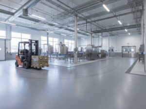 Light grey urethane cement flooring in a modern industrial food processing plant. A forklift with pallets moves across the clean, glossy floor, showcasing durable surfaces.