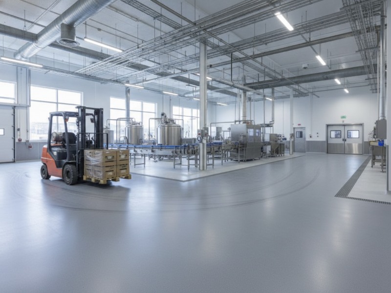 Light grey urethane cement flooring in a modern industrial food processing plant. A forklift with pallets moves across the clean, glossy floor, showcasing durable surfaces.