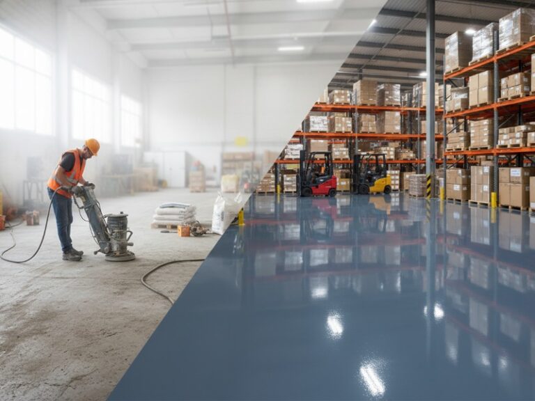 Industrial warehouse floor resurfacing before and after, showing a worker grinding concrete and a polished, reflective epoxy floor with forklifts.