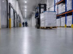 Industrial cold storage warehouse featuring MMA flooring and forklift traffic in a frozen food distribution facility.