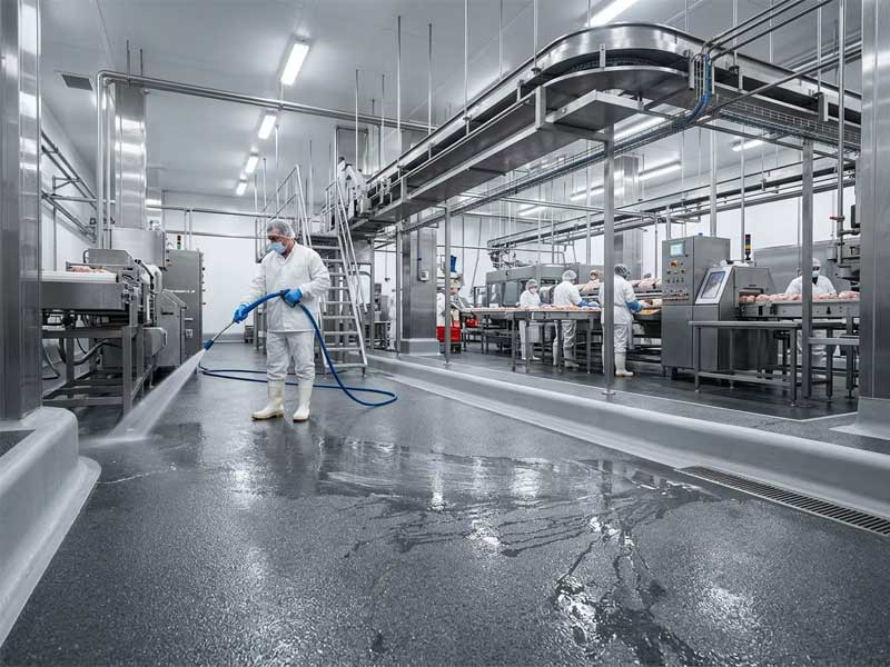 Interior of a modern food processing plant featuring seamless polyurethane cement flooring with anti-slip texture and sanitary cove base, FDA and USDA compliant.