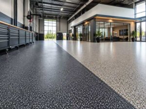 Wide-angle architectural photography of an industrial facility with textured quartz epoxy flooring in the foreground and decorative flake epoxy flooring in a showroom background.