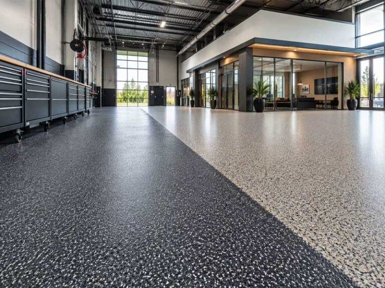 Wide-angle architectural photography of an industrial facility with textured quartz epoxy flooring in the foreground and decorative flake epoxy flooring in a showroom background.