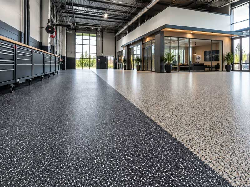 Wide-angle architectural photography of an industrial facility with textured quartz epoxy flooring in the foreground and decorative flake epoxy flooring in a showroom background.