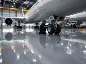 A wide-angle view of a modern aircraft maintenance hangar featuring a large commercial airplane and high-gloss light gray epoxy flooring that sharply reflects the overhead LED lights and the aircraft body.