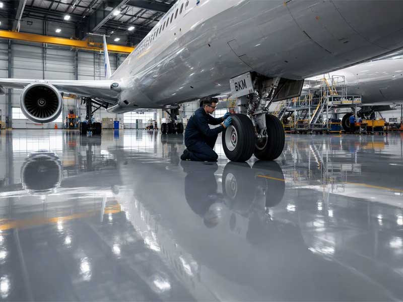 A wide-angle view of a modern aircraft maintenance hangar featuring a large commercial airplane and high-gloss light gray epoxy flooring that sharply reflects the overhead LED lights and the aircraft body.