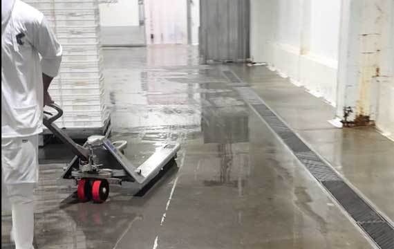 Industrial pallet jack operation on a wet, slippery floor near a linear drain in a Maracaibo shrimp processing facility.