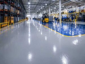 Wide-angle architectural photography of a modern industrial manufacturing facility featuring a seamless, high-gloss 100% solids epoxy flooring system with reflective gray and blue tones.