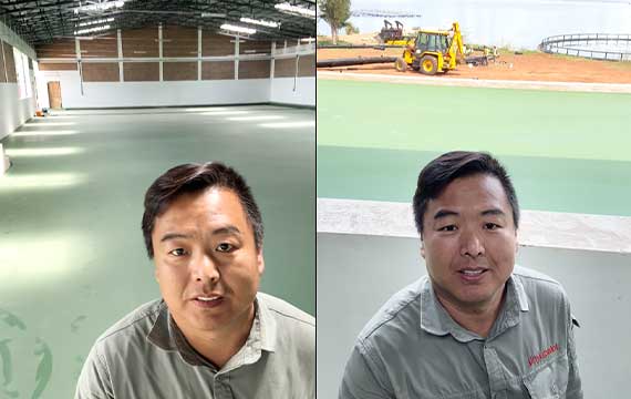 Contractor completion inspection after polyurethane mortar flooring installation at a fish food processing plant in Rwanda