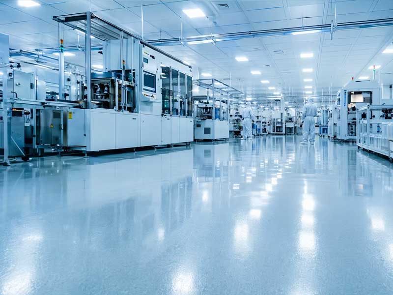 Premium architectural photography of a semiconductor cleanroom with a seamless conductive ESD epoxy floor and automated production equipment.