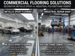 Auto repair workshop vs car showroom flooring comparison: industrial polyurethane cement vs decorative metallic epoxy systems.