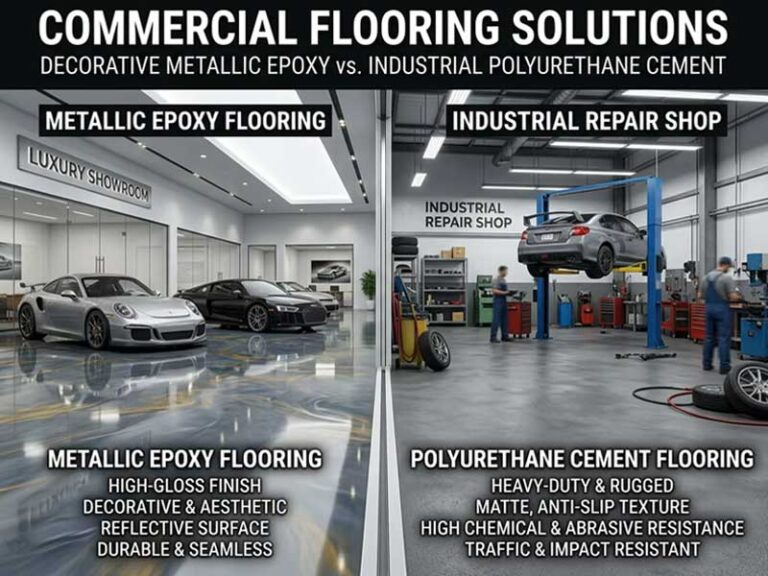 Auto repair workshop vs car showroom flooring comparison: industrial polyurethane cement vs decorative metallic epoxy systems.