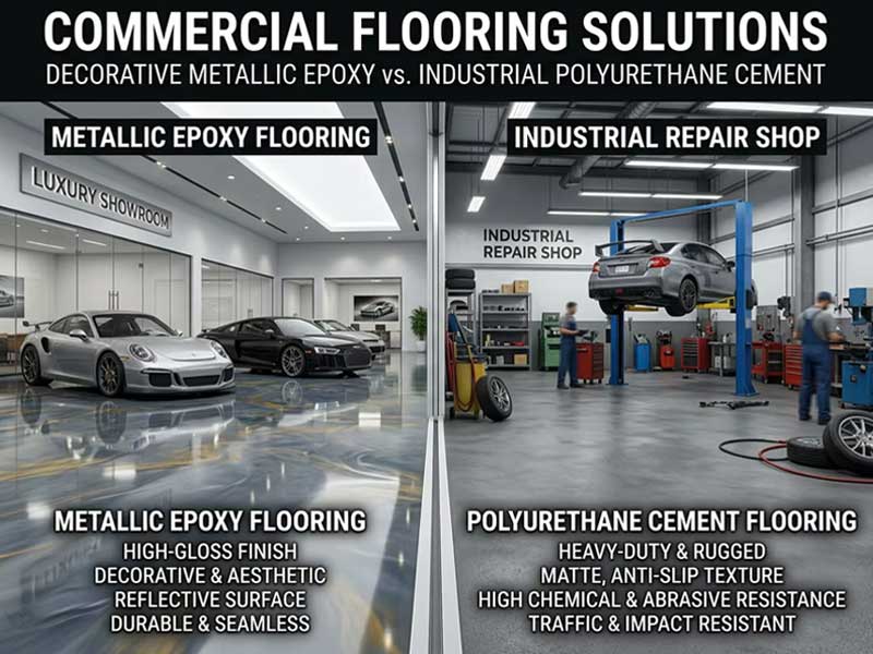 Auto repair workshop vs car showroom flooring comparison: industrial polyurethane cement vs decorative metallic epoxy systems.